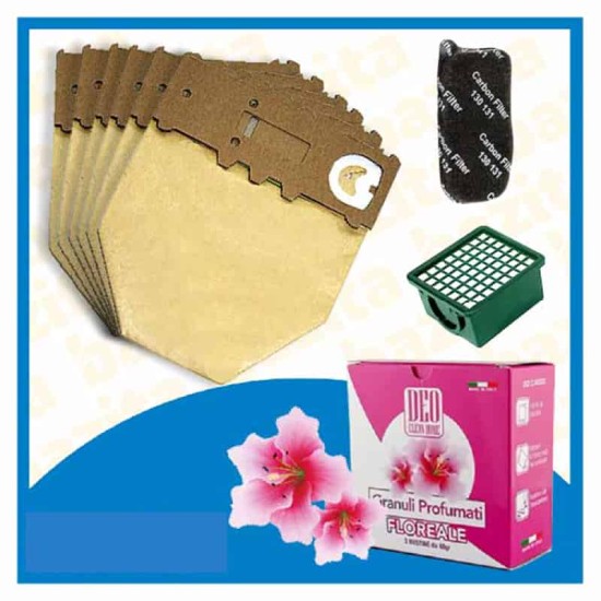 Kit Offerta Sacchetti Folletto VK130 VK131 6 sacchetti carboni filtro Granuli Floreale Kit risparmio per Folletto VK130 - 131
