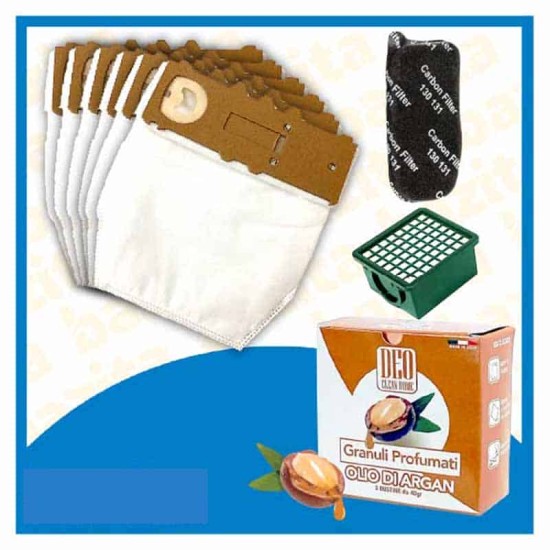 Kit Offerta Sacchetti Microfibra Folletto VK130 VK131 6 sacchetti carboni filtro Granuli Olio di Argan Kit risparmio per Folletto VK130 - 131